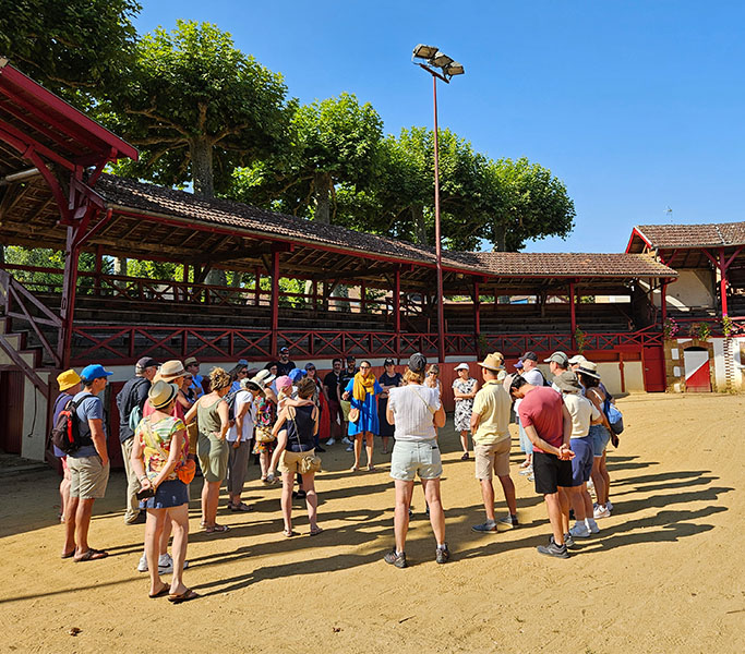 Groupe de vacanciers en visite guidée dans les arènes de Benet au cours d’une sortie organisée par le Relais du Moulin Neuf.