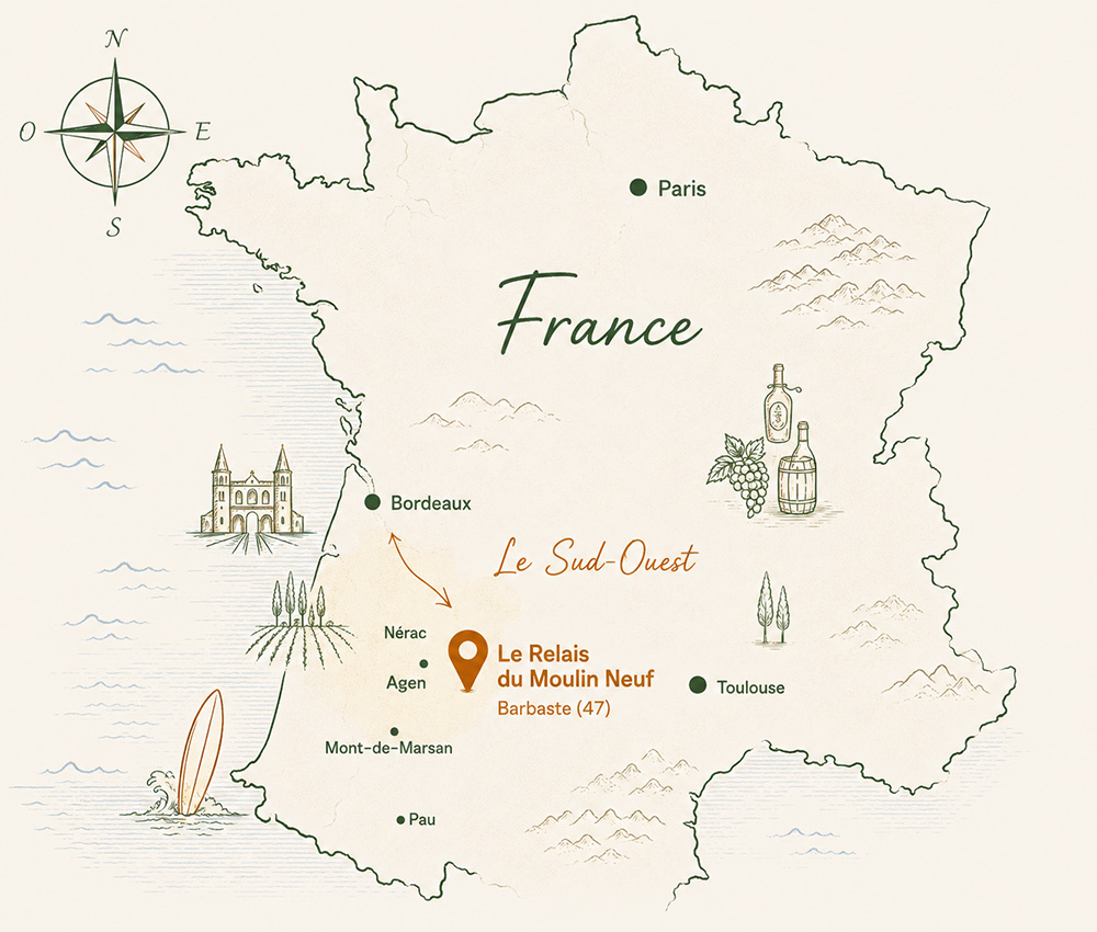 Carte illustrée situant le Relais du Moulin Neuf au cœur du Sud-Ouest entre Bordeaux et Toulouse