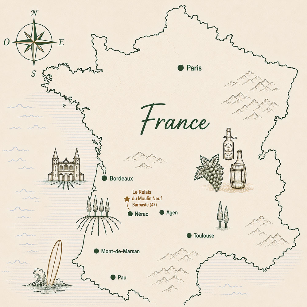Carte illustrée situant le Relais du Moulin Neuf au cœur du Sud-Ouest entre Bordeaux et Toulouse